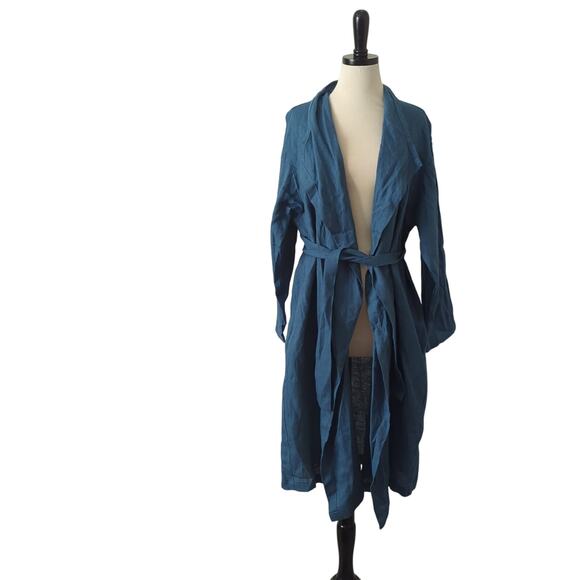 Linen Sea 100% Linen Longline Robe Kimono Womens OS Midi Blue Belted - Picture 1 of 7
